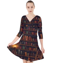 Books Library Quarter Sleeve Front Wrap Dress by Ket1n9