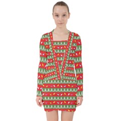 Christmas-papers-red-and-green V-neck Bodycon Long Sleeve Dress by Bedest