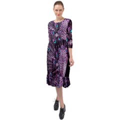 Purple Peacock Ruffle End Midi Chiffon Dress by Bedest