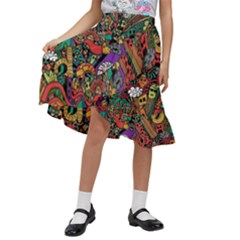 Cute Cartoon Doodle Kids  Ruffle Flared Wrap Midi Skirt by Bedest