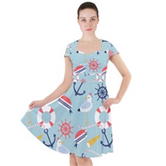 Nautical Marine Symbols Seamless Pattern Cap Sleeve Midi Dress With Pockets by Hannah976