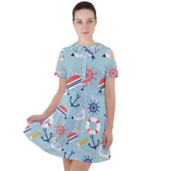 Nautical Marine Symbols Seamless Pattern Short Sleeve Shoulder Cut Out Dress  by Hannah976