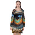 Eye Bird Feathers Vibrant Long Sleeve Chiffon Shift Dress  View1