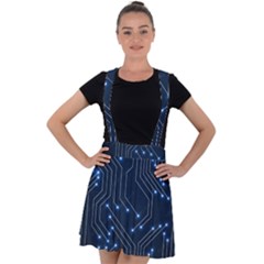 Seamless Pattern Of Glowing Circuit Board Neon Technology Velvet Suspender Skater Skirt by Loisa77