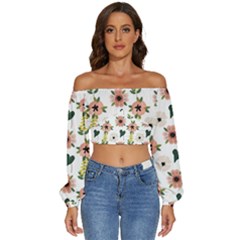 Flower White Pattern Floral Long Sleeve Crinkled Weave Crop Top by anzea