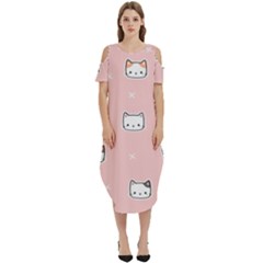 Cute Cat Cartoon Doodle Seamless Pink Pattern Cold Shoulder Loose Fit Dress With Pockets by Grandong