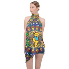 Dead Dancing Bears Grateful Dead Pattern Halter Asymmetric Satin Top by Grandong