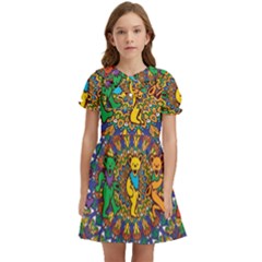 Dead Dancing Bears Grateful Dead Pattern Kids  Bow Tie Puff Sleeve Dress by Grandong