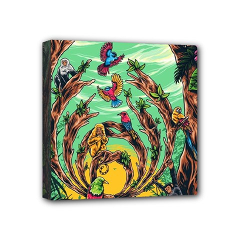 Monkey Tiger Bird Parrot Forest Jungle Style Mini Canvas 4  X 4  (stretched) by Grandong