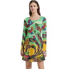 Monkey Tiger Bird Parrot Forest Jungle Style Long Sleeve Velour Skater Dress by Grandong