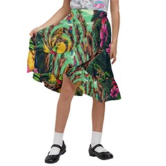 Monkey Tiger Bird Parrot Forest Jungle Style Kids  Ruffle Flared Wrap Midi Skirt by Grandong