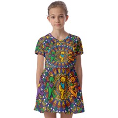 Dead Dancing Bears Grateful Dead Pattern Kids  Short Sleeve Pinafore Style Dress by Grandong