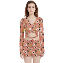 Flower Pink Brown Pattern Floral Velvet Wrap Crop Top And Shorts Set by anzea