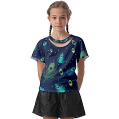 Texture Pattern Green Feather Yellow Peacock Kids  Front Cut T-shirt by Loisa77