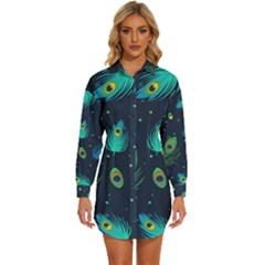 Texture Pattern Green Feather Yellow Peacock Womens Long Sleeve Shirt Dress