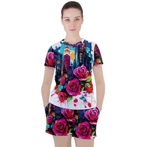 City Rose 2-gigapixel-art-scale-4 00x Women s T-shirt And Shorts Set by BrightWear