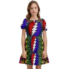 Grateful Dead Bear Pattern Kids  Puff Sleeved Dress by Maspions