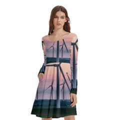 Wind Giants At Twilight Long Sleeve Knee Length Skater Dress With Pockets by Tellerarts