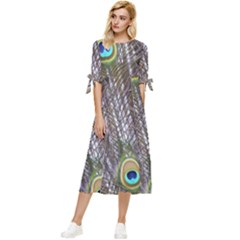 Peacock Bird Feathers Plumage Peacock Bow Sleeve Chiffon Midi Dress by Perong