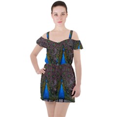 Bird Peacock Feathers Ruffle Cut Out Chiffon Playsuit by Perong