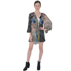 Peacock Bird Animal Peafowl V-neck Flare Sleeve Mini Dress by Perong