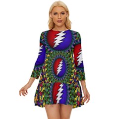 Grateful Dead Bear Pattern Long Sleeve Babydoll Dress by Maspions