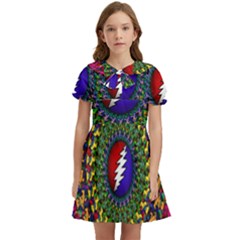 Grateful Dead Bear Pattern Kids  Bow Tie Puff Sleeve Dress by Maspions