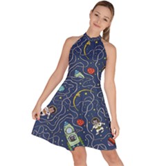 Cat Space Astronaut Rocket Maze Sleeveless Halter Neck A-line Dress by Perong