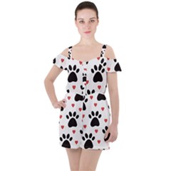 Dog Paw Vector Seamless Pattern With Hearts Ruffle Cut Out Chiffon Playsuit by Perong