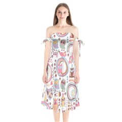 Cute Owl Bird Animal Pattern Shoulder Tie Bardot Midi Dress by Perong