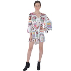 Cute Owl Bird Animal Pattern V-neck Flare Sleeve Mini Dress by Perong