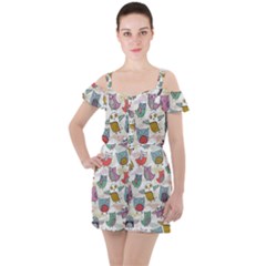 Owl Animal Bird Pattern Ruffle Cut Out Chiffon Playsuit by Perong