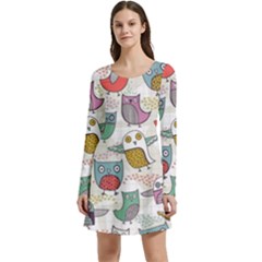 Owl Animal Bird Pattern Long Sleeve Velour Skater Dress by Perong