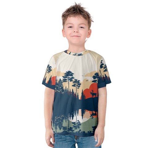 Summer Lake Forest Sunset Deer Water Kids  Cotton T-shirt by Grandong