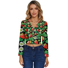 Strawberries Pattern Long Sleeve V-neck Top by Salmanaz77