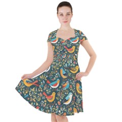 Birds Pattern Flowers Whimsical Cap Sleeve Midi Dress With Pockets by Salmanaz77