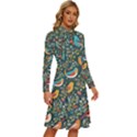 Birds Pattern Flowers Whimsical Long Sleeve Shirt Collar A-Line Dress View3