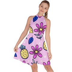 Flowers Petals Pineapples Fruit Sleeveless Halter Neck A-line Dress by Paksenen