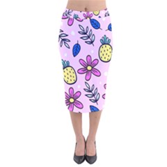 Flowers Petals Pineapples Fruit Velvet Midi Pencil Skirt by Paksenen