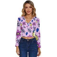 Flowers Petals Pineapples Fruit Long Sleeve V-neck Top by Paksenen