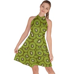 Kiwi Fruit Pattern Green Background Sleeveless Halter Neck A-line Dress by Paksenen