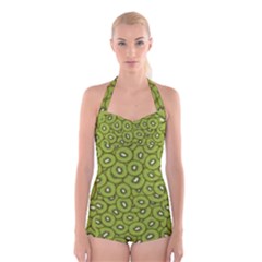 Kiwi Fruit Pattern Green Background Boyleg Halter Swimsuit  by Paksenen