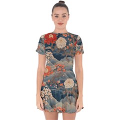 Seamless Pattern Chinoiserie Flowers Drop Hem Mini Chiffon Dress by Paksenen