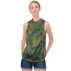 Seamless Pattern Pattern Leaves High Neck Satin Top by Paksenen