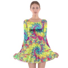 Fractal Spiral Abstract Background Vortex Yellow Long Sleeve Skater Dress by Ket1n9