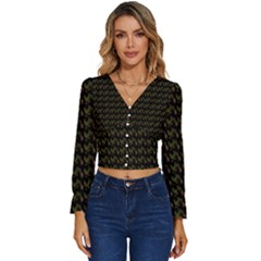 Fern Pattern 2 Black Long Sleeve V-neck Top by snowwhitegirl