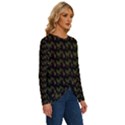 Fern Pattern 2 Black Long Sleeve Crew Neck Pullover Top View3