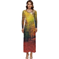 Forest Woods Autumn Nature Long Sleeve Longline Maxi Dress by Proyonanggan