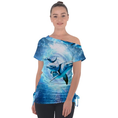 Dolphin Blue Sea Fantasy Off Shoulder Tie-up T-shirt by Maspions