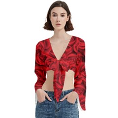 Red Roses , Red Buds, Red Roses Trumpet Sleeve Cropped Top